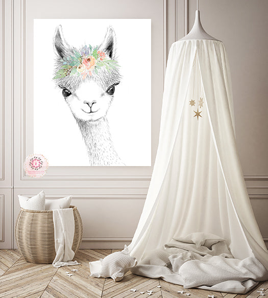 Llama Alpaca Wall Art Print Boho Woodland Blush Bohemian Floral Nursery  Baby Girl Room Printable Decor