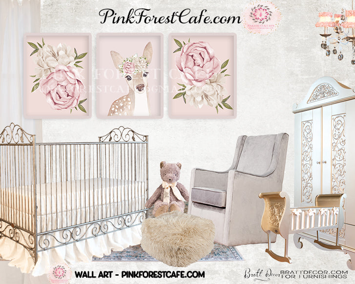 3 Boho Deer Peonies Set Baby Girl Nursery Wall Art Print Ethereal Blush Whimsical Floral Printable Peony Decor