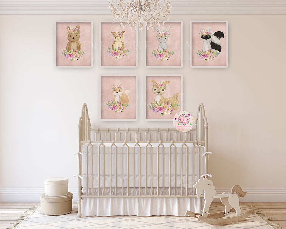 6 Boho Woodland Fox Deer Bunny Bear Wall Art Print Baby Girl Blush Eth ...