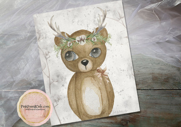 Scandinavian Woodland Bear Wall Art Print Watercolor Antlers Ethereal Baby Nursery Animal Exclusive Printable Decor