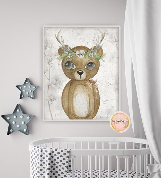 Scandinavian Woodland Bear Wall Art Print Watercolor Antlers Ethereal Baby Nursery Animal Exclusive Printable Decor