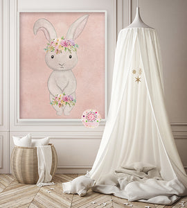 Ethereal Boho Blush Bunny Rabbit Wall Art Print Baby Girl Nursery Room Watercolor Printable Decor