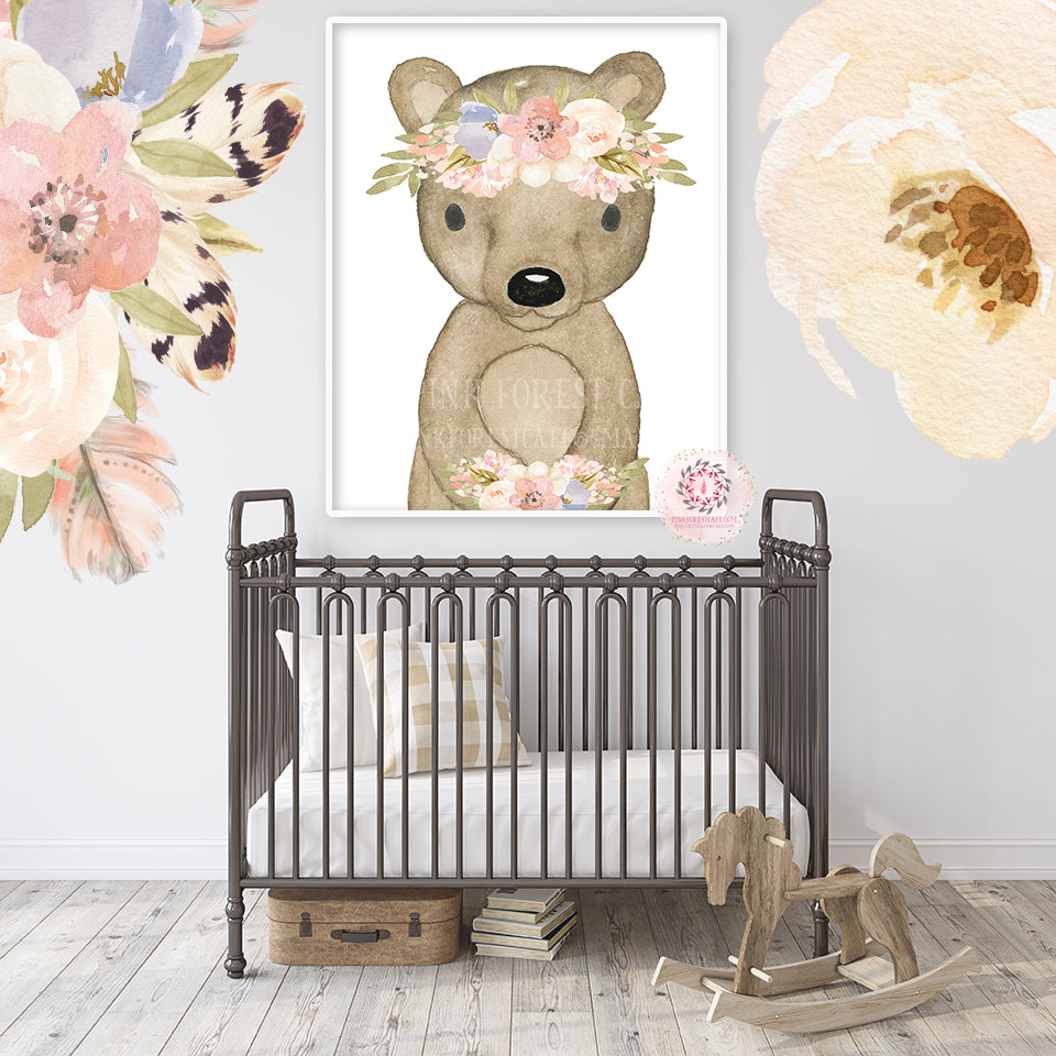 Boho Woodland Wall Art Print Blush Bear Feather Floral Watercolor Animals Baby Girl Nursery Printable Decor