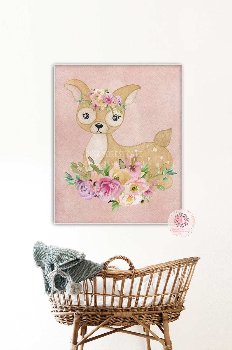 Ethereal Boho Blush Deer Wall Art Print Baby Girl Nursery Room Watercolor Printable Decor
