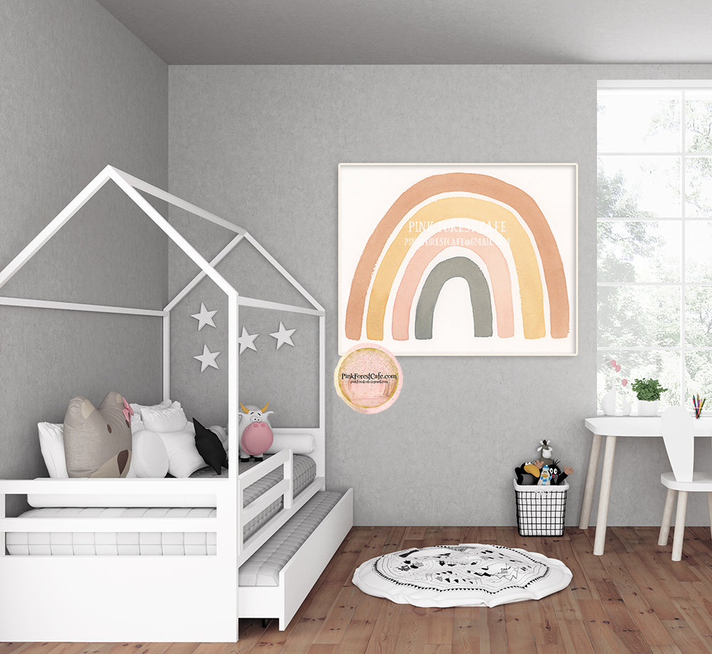 Rainbow Rust Gray Mustard Wall Art Print Watercolor Baby Girl Boy Gend