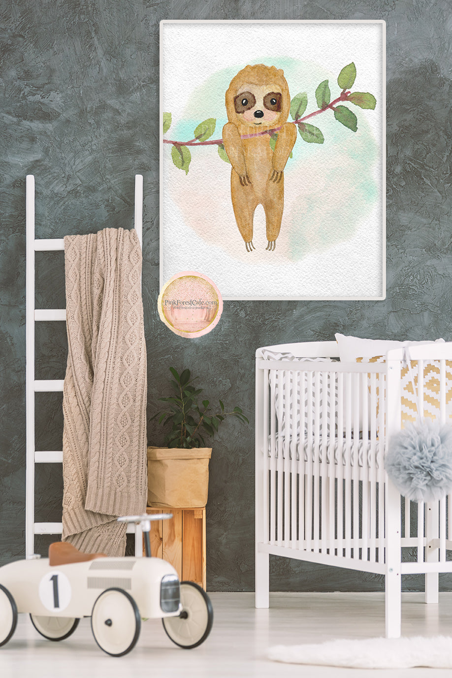 Sloth Wall Art Print Watercolor Baby Girl Boy Nursery Printable Home Decor