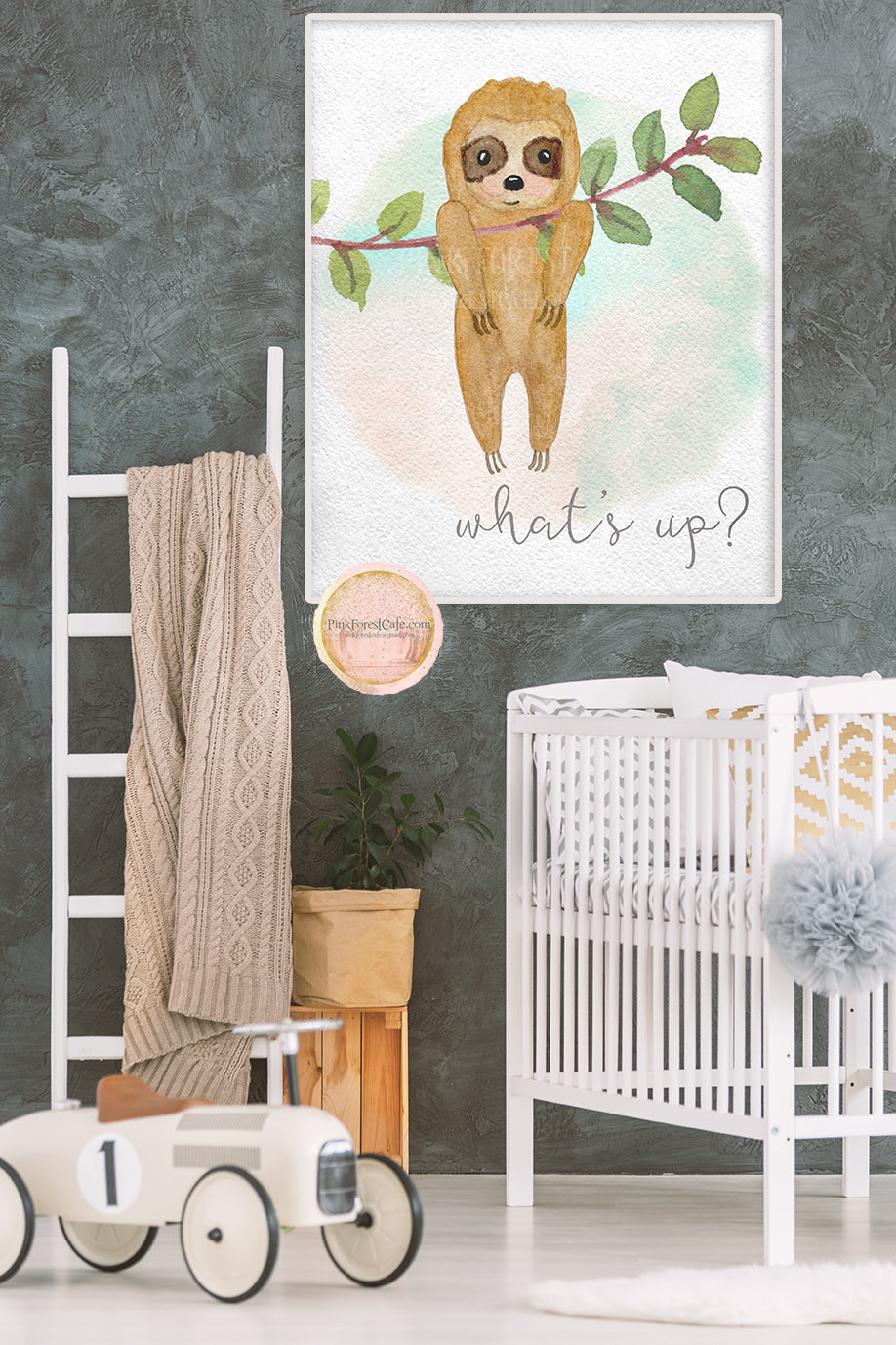 Sloth Wall Art Print Watercolor Baby Girl Boy Nursery "What's Up" Printable Home Decor