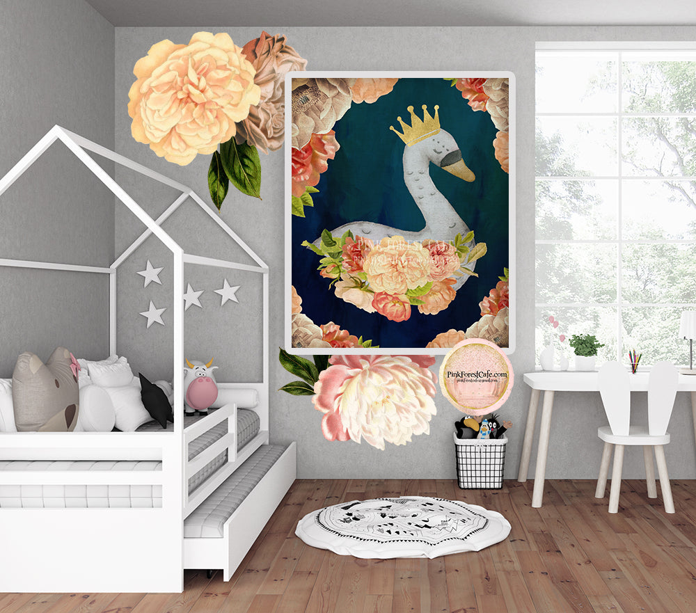 Boho Gold Crown Swan Wall Art Print Watercolor Peonies Baby Girl Nursery Peony Ethereal Printable Decor