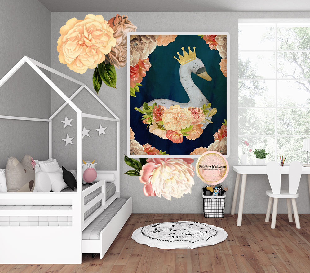 Boho Gold Crown Swan Wall Art Print Watercolor Peonies Baby Girl Nurse ...
