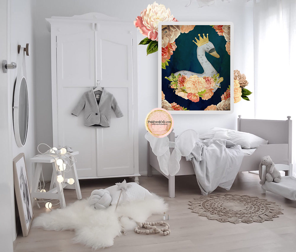 Boho Gold Crown Swan Wall Art Print Watercolor Peonies Baby Girl Nurse ...