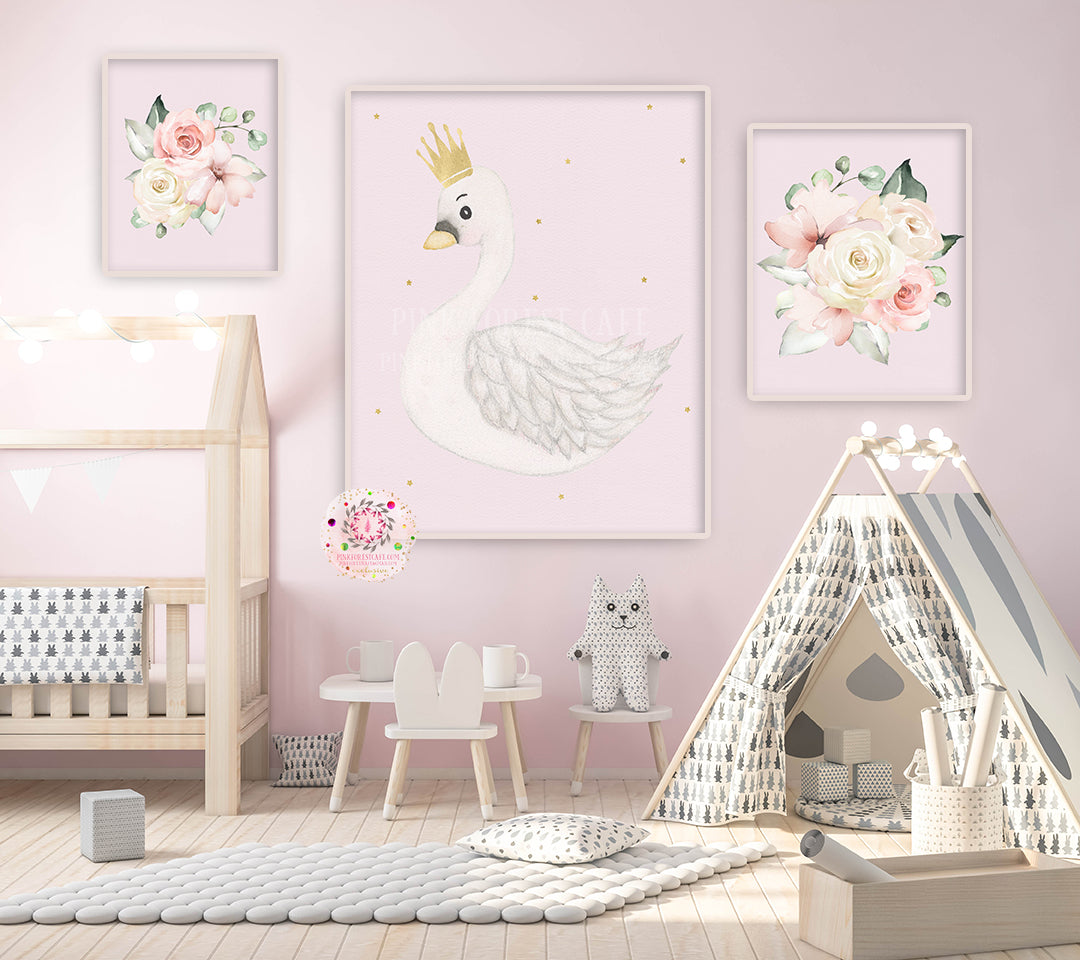 3 Boho Gold Crown Swan Wall Art Print Watercolor Baby Girl Ethereal Star Nursery Printable Decor
