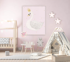 Boho Gold Crown Swan Wall Art Print Watercolor Baby Girl Ethereal Star Nursery Printable Decor