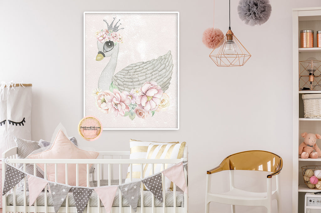3 Boho Swan Crown Wall Art Print Blush Nude Floral Watercolor Baby Gir ...