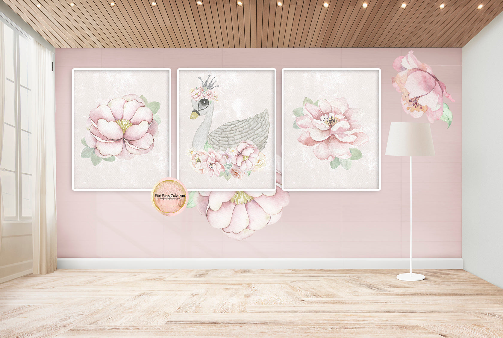3 Boho Swan Crown Wall Art Print Blush Nude Floral Watercolor Baby Girl Nursery Printable Decor