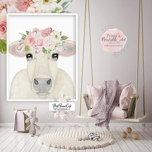 Blush Cow Farm Animal Wall Art Print Nursery Baby Girl Watercolor