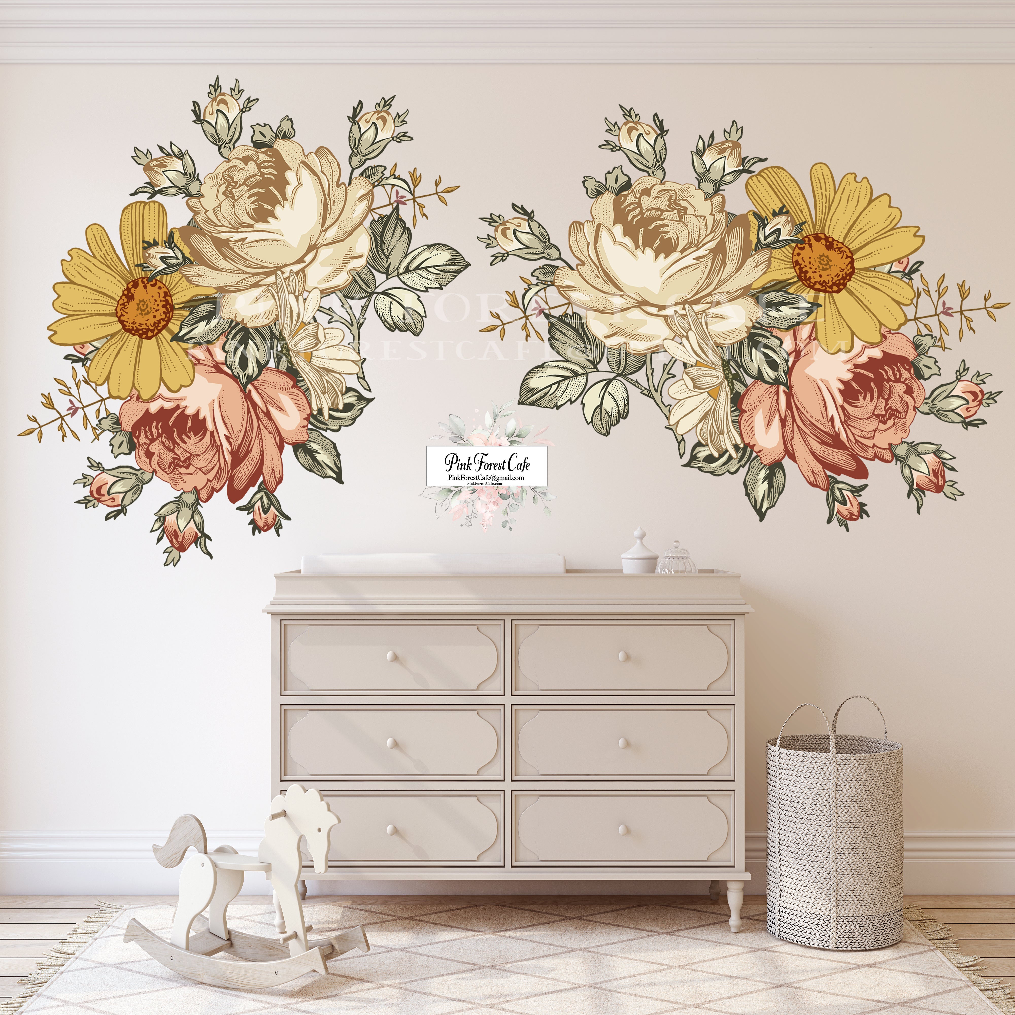 2 - 40" Vintage Rose Peony Wall Decal Sticker Floral Flower Decals Boho Decor