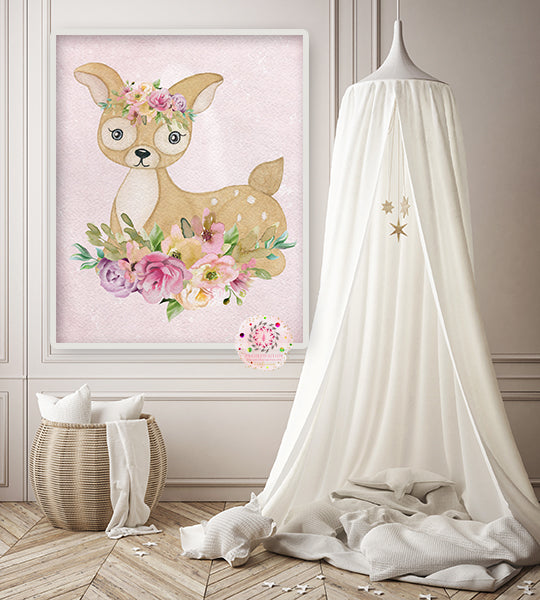 Ethereal Boho Deer Wall Art Print Baby Girl Nursery Room Pink Watercolor Printable Decor