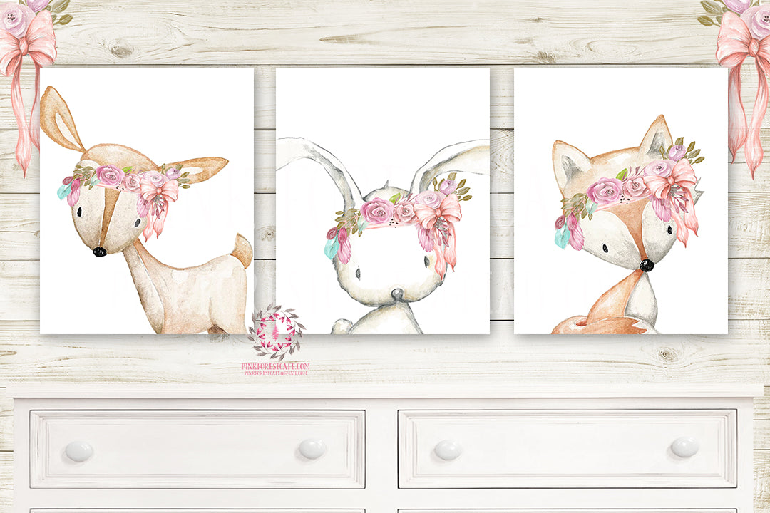 3 Deer Fox Bunny Rabbit Pink Feather Wall Art Print Woodland Boho Bohemian Nursery Baby Girl Room Set Lot Prints Printable Decor