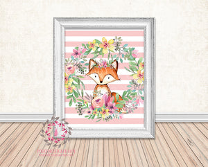 Fox Woodland Boho Floral Nursery Baby Girl Printable Print Wall Art Decor
