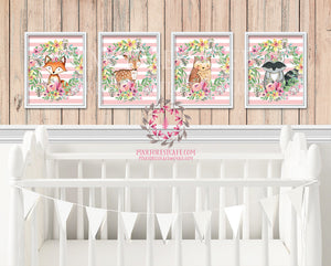 Set Lot of 4 Woodland Boho Floral Nursery Baby Girl Room Prints Printable Print Wall Art Decor