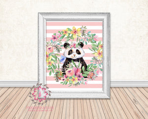 Boho Panda Bear Floral Pink Stripe Printable Print Wall Art Watercolor Baby Nursery Decor