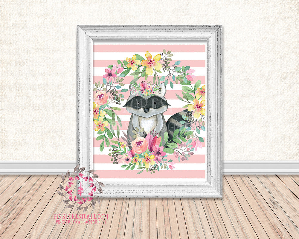 Boho Raccoon Woodland Wall Art Nursery Print Floral Baby Girl Printable Watercolor Pink Stripe Decor