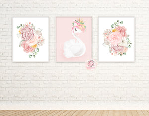 3 Boho Swan Baby Girl Nursery Wall Art Print Ethereal Pink Blush Peonies Whimsical Floral Printable Peony Decor