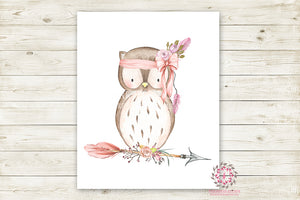 Boho Pink Owl Wall Art Print Woodland Bohemian Floral Nursery Baby Girl Room Arrow Printable Decor
