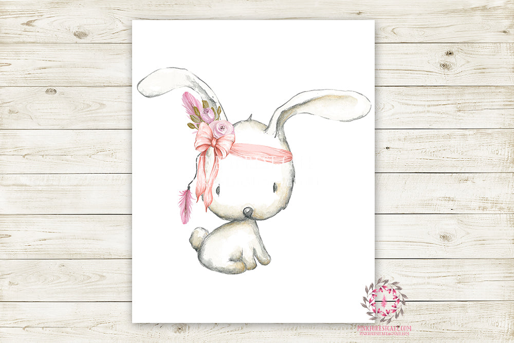 Boho Pink Bunny Rabbit Wall Art Print Woodland Bohemian Floral Nursery Baby Girl Room Arrow Printable Decor
