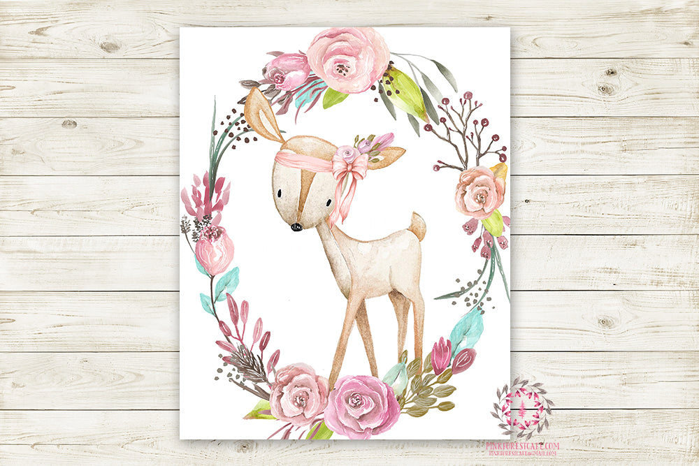 Boho Pink Deer Wall Art Print Woodland Bohemian Floral Nursery Baby Girl Room Arrow Printable Decor