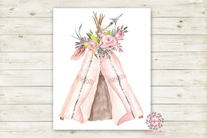 Boho Pink Teepee Wall Art Print Woodland Bohemian Floral Nursery Baby Girl Room Arrow Printable Decor