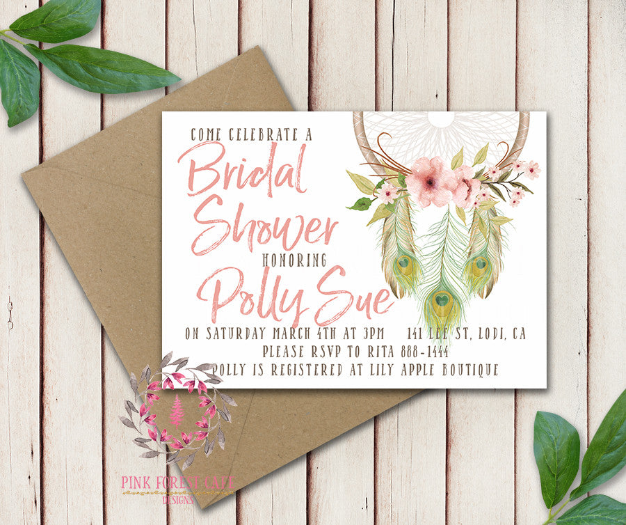 Dreamcatcher Baby Bridal Shower Chalkboard Birthday Party Wedding Invitation Save The Date Announcement Invite Feathers Boho Bohemian Chic Tribal Woodland Watercolor Floral Rustic Printable Art Stationery Card