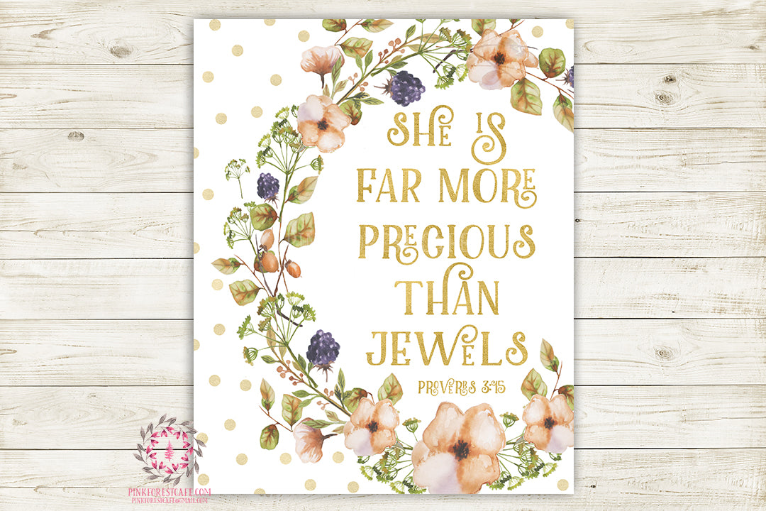 Boho She Is Far More Precious Than Jewels Wall Art Print Baby Nursery Proverbs 3:15 Bible Verse Home Printable Decor