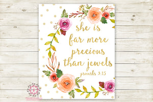 Boho She Is Far More Precious Than Jewels Wall Art Print Baby Nursery Proverbs 3:15 Bible Verse Home Printable Decor
