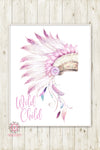 Wild Child Indian Headress Boho Purple Feather Nursery Wall Art Print Tribal Watercolor Floral Baby Girl Room Printable Home Decor