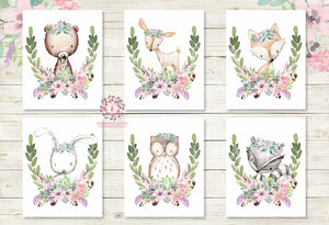 Bunny Bear Deer Fox Woodland Boho Wall Art Prints Purple Mint Feather Floral Nursery Baby Girl Room Lot Set 6 Bohemian Prints Printable Decor