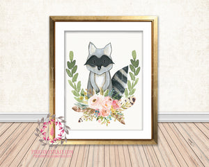 Boho Raccoon Bohemian Blush Floral Feather Woodland Nursery Baby Girl Room Printable Print Wall Art Decor