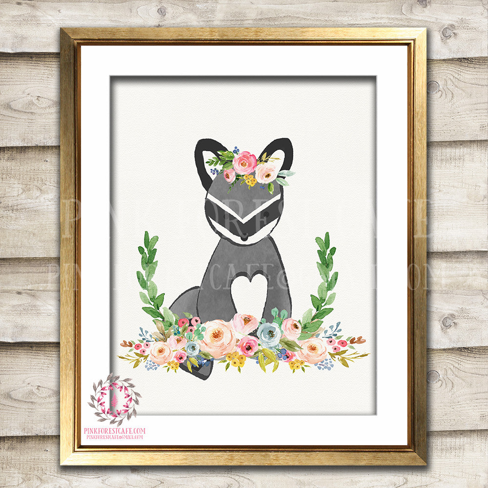 Raccoon Woodland Boho Bohemian Floral Nursery Baby Girl Room Printable Print Wall Art Decor