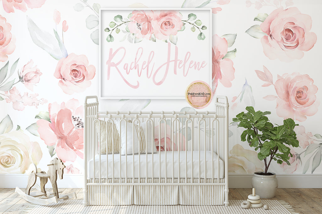 Personalized Custom Calligraphy Baby Girl Name Wall Art Print Boho Blush Peony Watercolor Baby Nursery Printable Decor