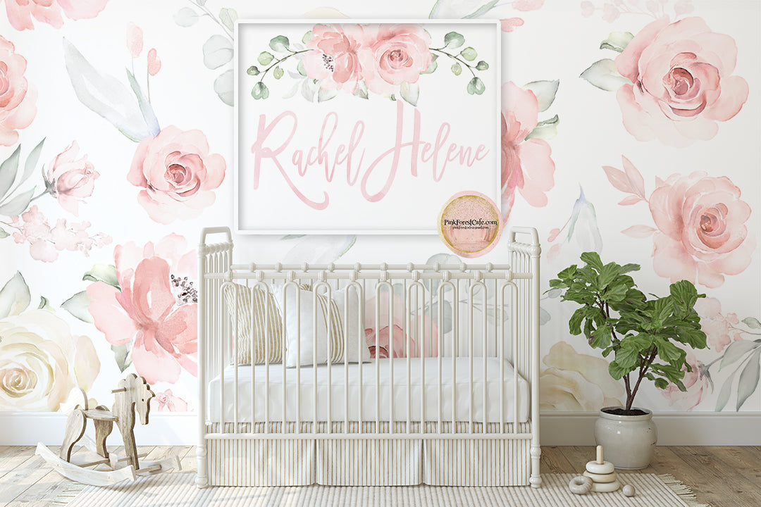 Personalized Custom Calligraphy Baby Girl Name 16x20 Wall Art Print Boho Blush Peony Watercolor Baby Nursery Decor