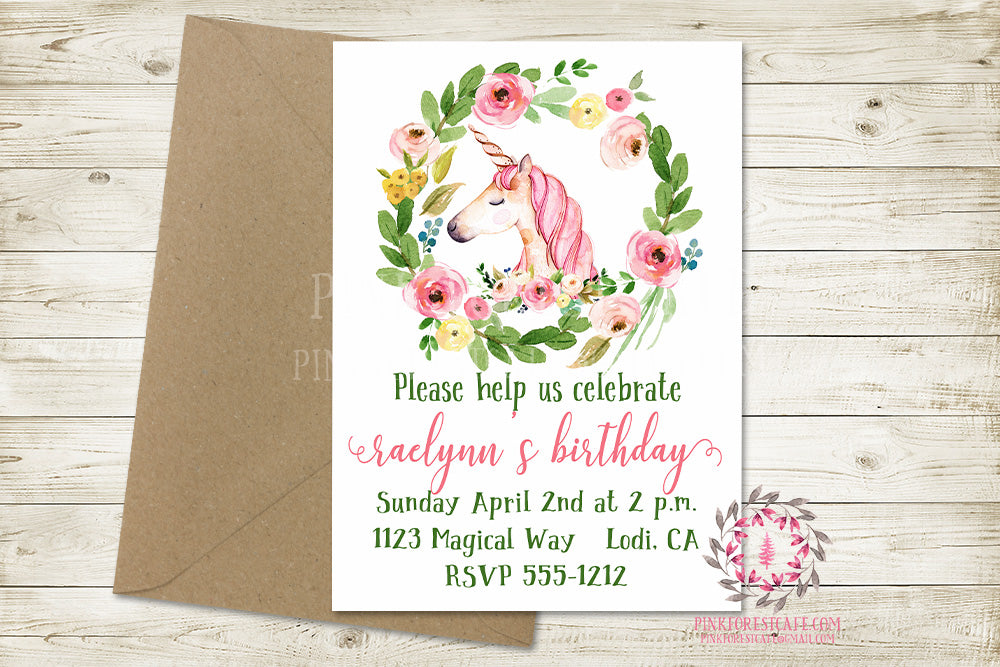 Girl Birthday Party Invite Invitation Unicorn Bridal Baby Shower Save The Date Announcement Watercolor Floral Printable Art