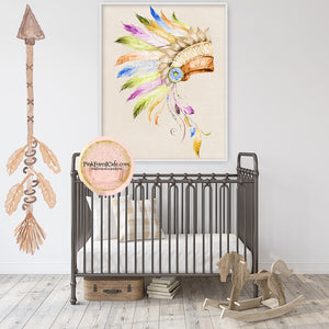 Rainbow Headdress Feather Tribal Boho Wall Art Print Baby Girl Boy Nursery Boho Whimsical Watercolor Printable Decor