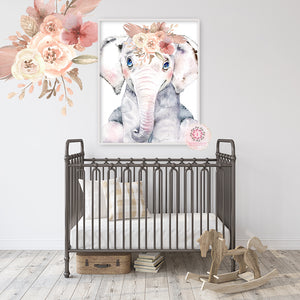 Boho Elephant Wall Art Print Peonies Nursery Baby Girl Room Blush Feather Floral Peony Bohemian Watercolor Printable Decor