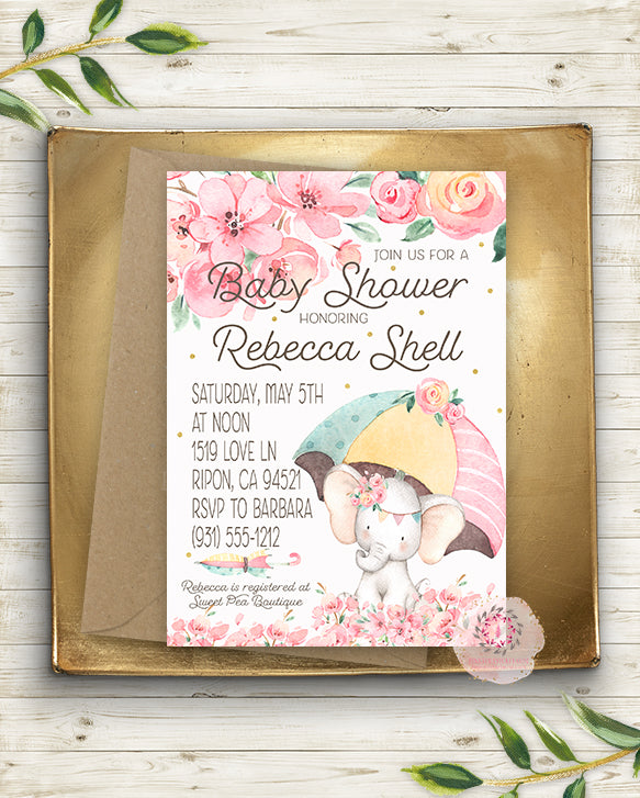 Elephant Party Invite Invitation Baby Shower Boho Watercolor Birth Announcement Birthday Printable