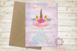 Unicorn Birthday Theme Girl Party Invite Invitation Baby Shower Announcement Watercolor Floral Printable Art