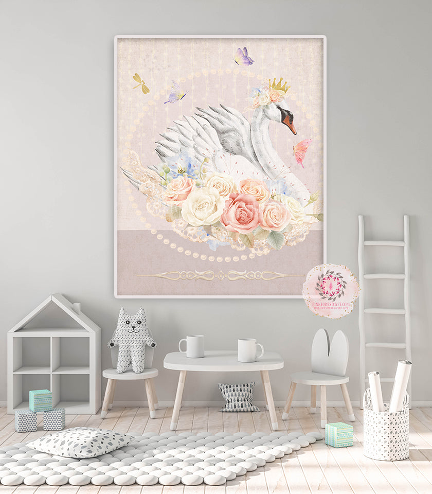 Boho Swan Baby Girl Nursery Wall Art Print Ethereal Pink Blush Whimsical Floral Printable Decor