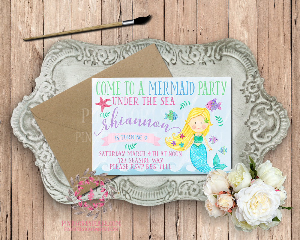 Mermaid Theme Girls Birthday Party Baby Bridal Shower Printable Invitation Invite