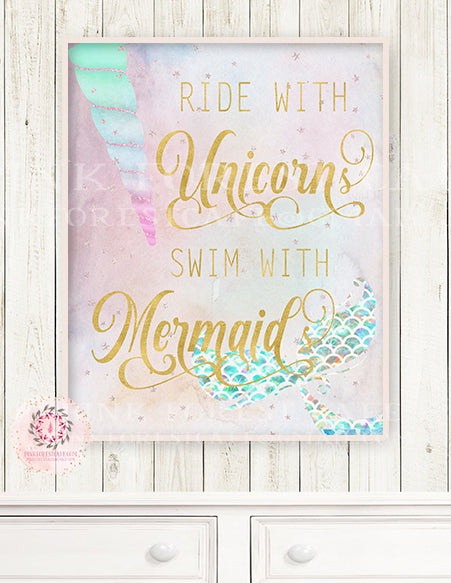 Ride With Unicorns Swim With Mermaids Wall Art Print Ethereal Baby Girl Nursery Whimsical Floral Pink Gold Purple Printable Decor
