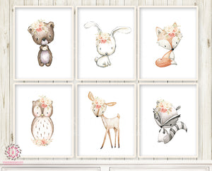 Boho Bunny Bear Deer Fox Nursery Wall Art Woodland Prints Bohemian Baby Room Raccoon Owl Home Decor Print Set Of 6