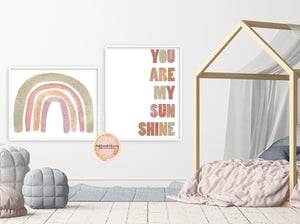 2 You Are My Sunshine Rainbow Wall Art Print Nursery Printable Rose Tan Sage Boho Printable Decor
